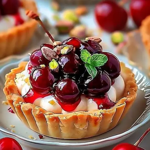 Chic cherry pistachio tartlets garnished with fresh cherries and pistachios