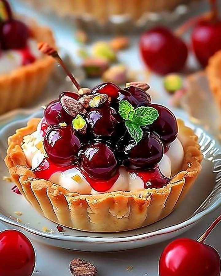 Chic cherry pistachio tartlets garnished with fresh cherries and pistachios