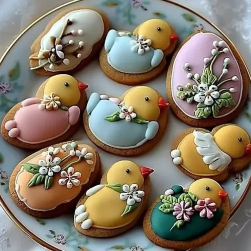 Chick and Flower Easter cookies beautifully decorated for spring celebrations.