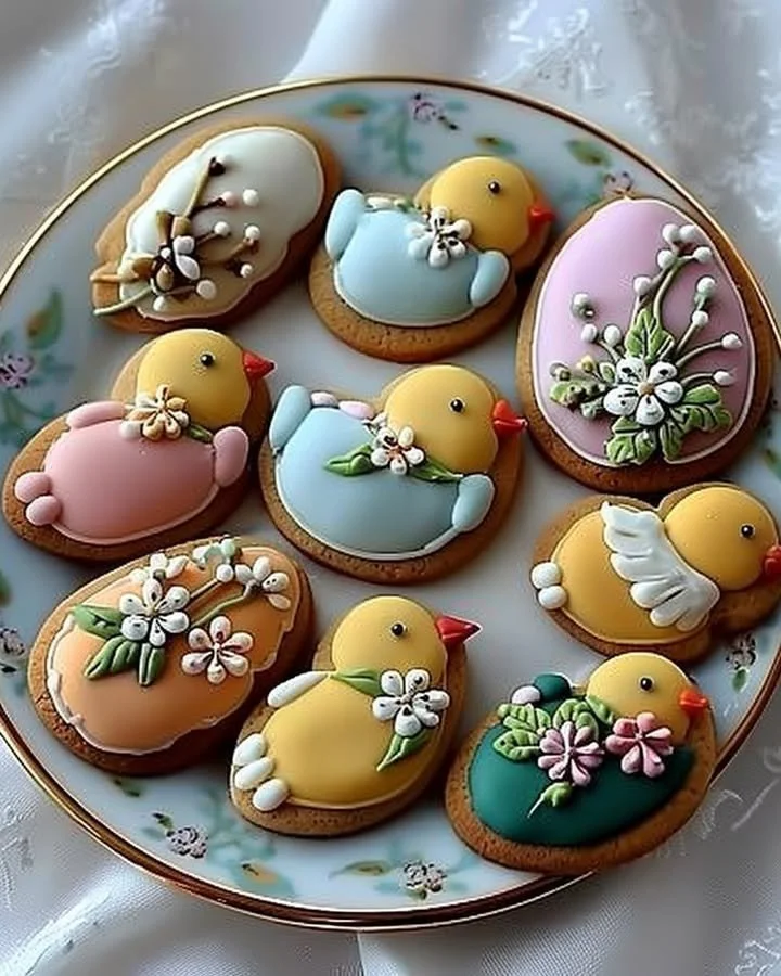 Chick and Flower Easter cookies beautifully decorated for spring celebrations.