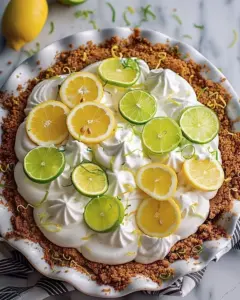 A slice of refreshing citrus lemon lime pie with garnished lemon and lime slices.