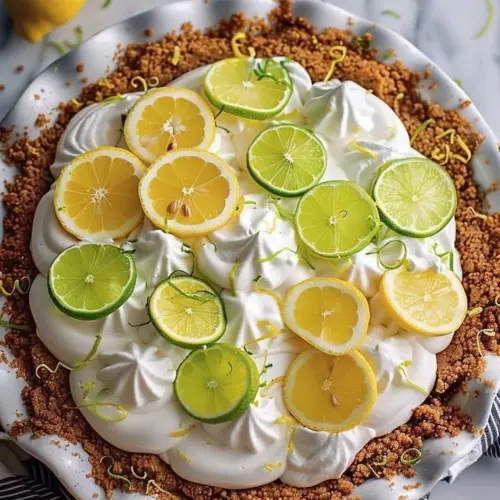A slice of refreshing citrus lemon lime pie with garnished lemon and lime slices.