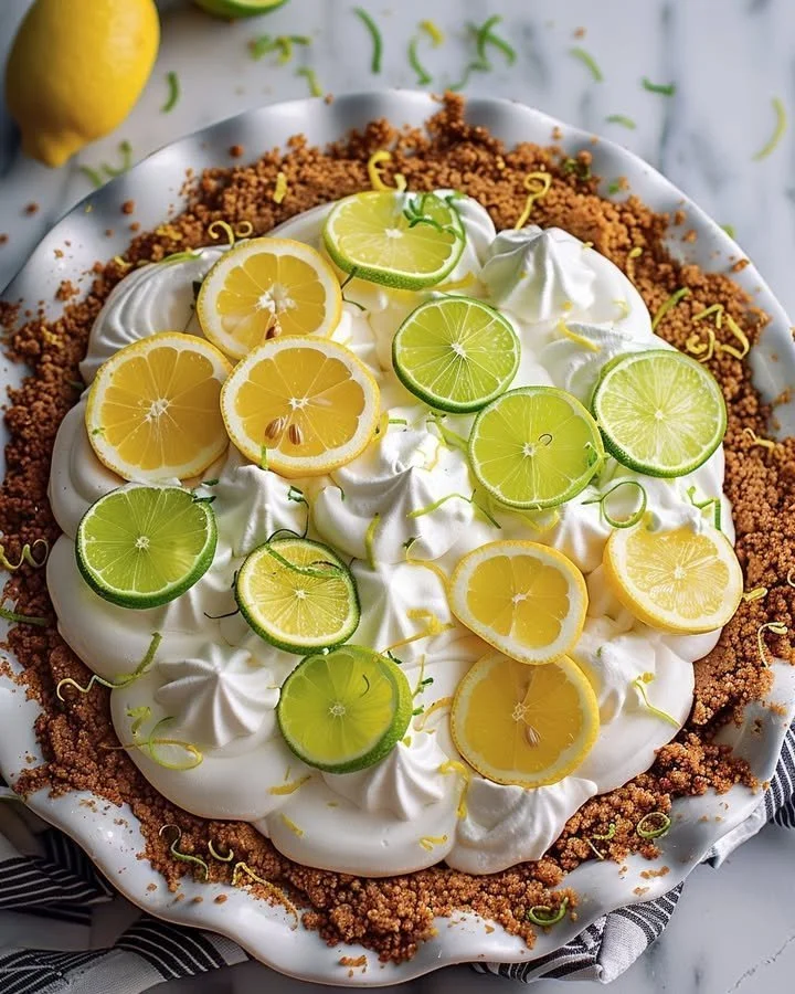 A slice of refreshing citrus lemon lime pie with garnished lemon and lime slices.