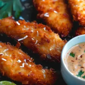 Succulent coconut crusted chicken tenders served with dipping sauce