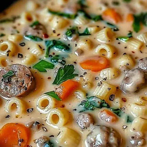 A bowl of creamy Parmesan sausage ditalini soup garnished with herbs.