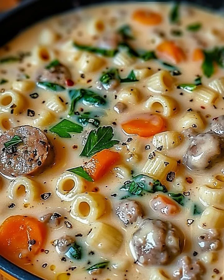 A bowl of creamy Parmesan sausage ditalini soup garnished with herbs.