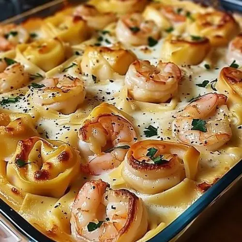 Creamy shrimp tortellini alfredo bake in a casserole dish, garnished with parsley.