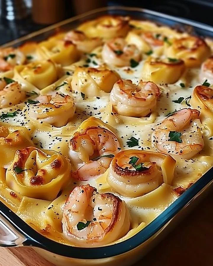 Creamy shrimp tortellini alfredo bake in a casserole dish, garnished with parsley.