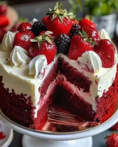 Crimson Velvet Strawberry Cheesecake topped with fresh strawberries