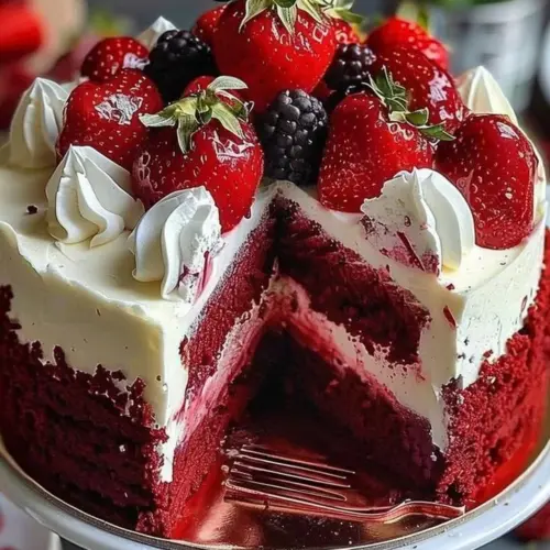 Crimson Velvet Strawberry Cheesecake topped with fresh strawberries
