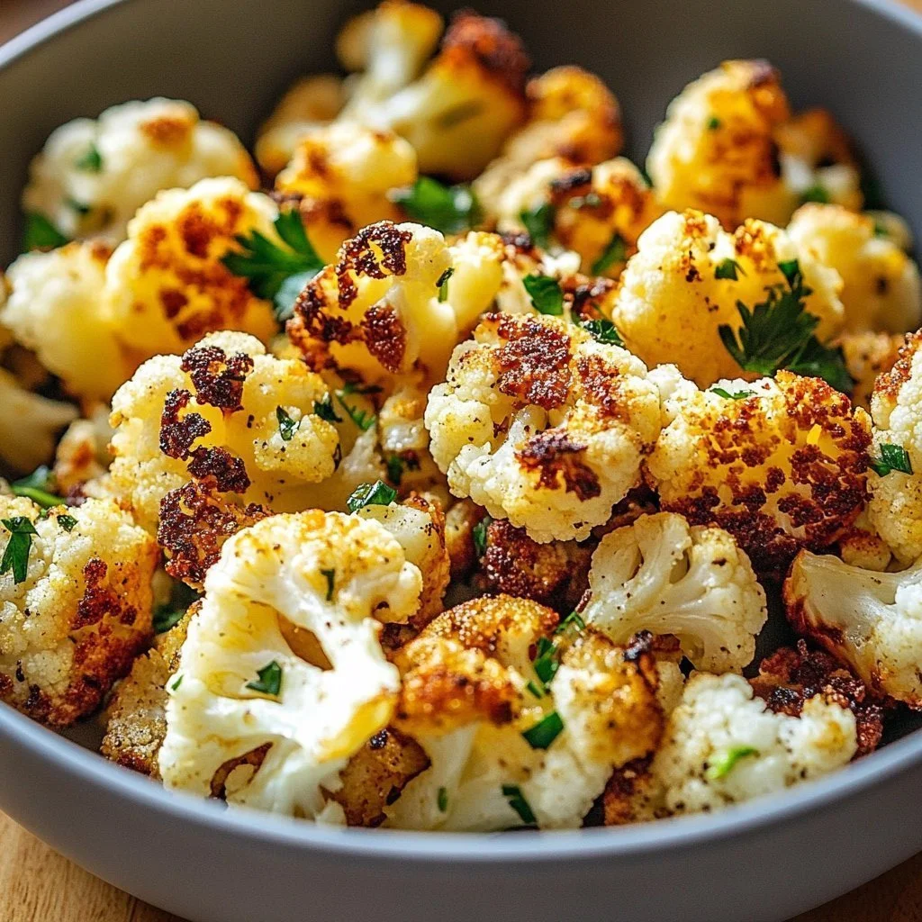 Crispy oven-roasted cauliflower garnished with herbs