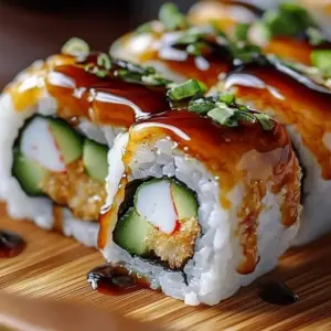 Crispy shrimp tempura roll garnished and served on a plate.