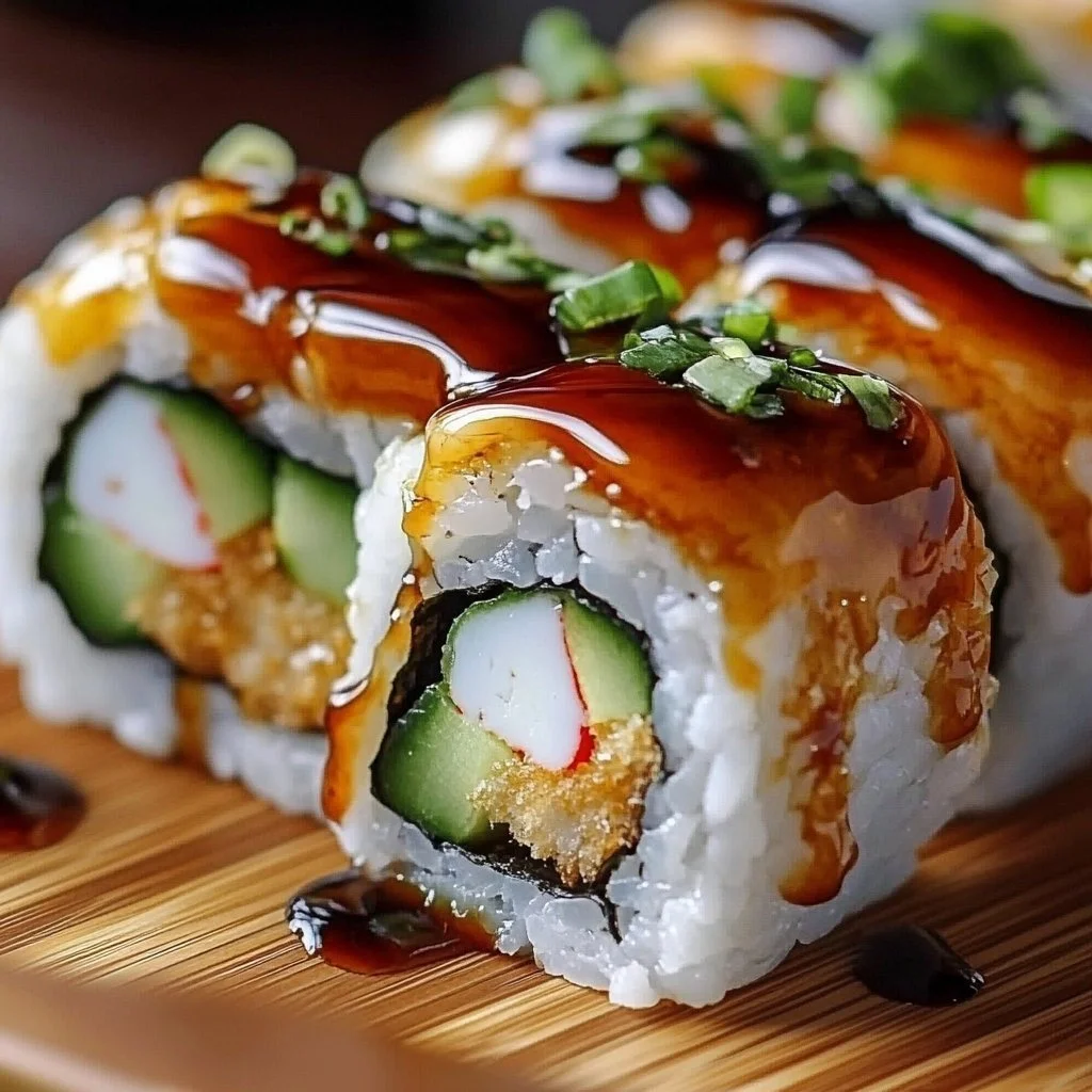 Crispy shrimp tempura roll garnished and served on a plate.