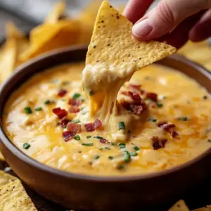 Crockpot Cottage Cheese Queso Dip served in a bowl with tortilla chips