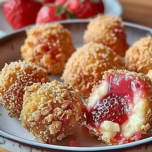 Crunchy strawberry cheesecake bites with fresh strawberries and creamy filling