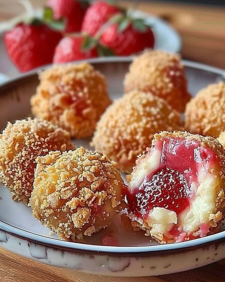 Crunchy strawberry cheesecake bites with fresh strawberries and creamy filling