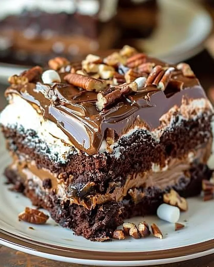 Decadent chocolate mud cake with rich frosting and decorative toppings