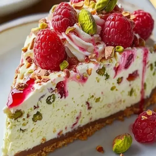 Slices of dreamy raspberry pistachio cheesecake topped with fresh raspberries.