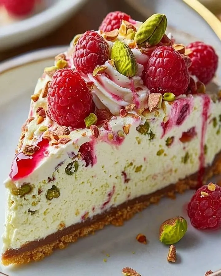 Slices of dreamy raspberry pistachio cheesecake topped with fresh raspberries.