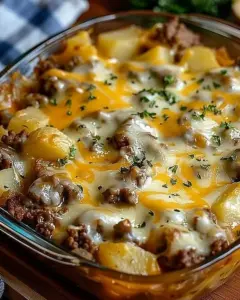 Easy hamburger potato bake with ground beef and potatoes in a casserole dish.