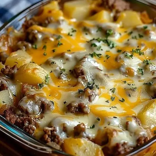 Easy hamburger potato bake with ground beef and potatoes in a casserole dish.