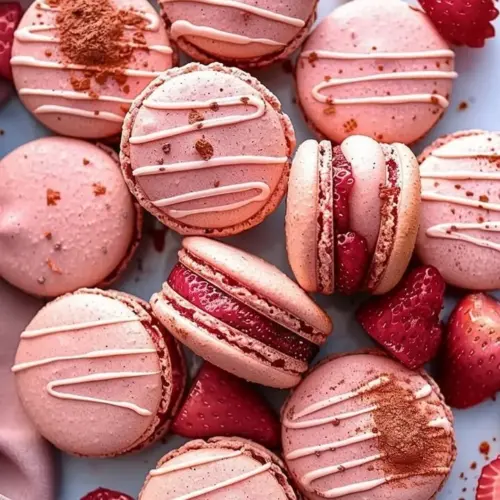 Delicious French strawberry macarons placed on a decorative plate
