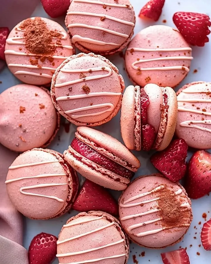Delicious French strawberry macarons placed on a decorative plate