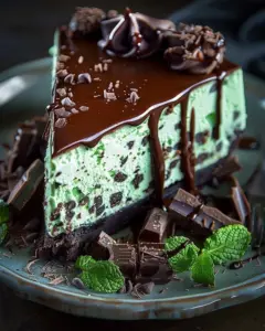 Fresh mint chocolate cheesecake topped with mint leaves and chocolate drizzle