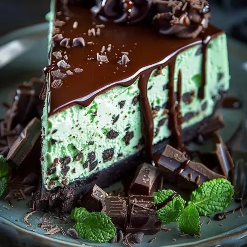 Fresh mint chocolate cheesecake topped with mint leaves and chocolate drizzle