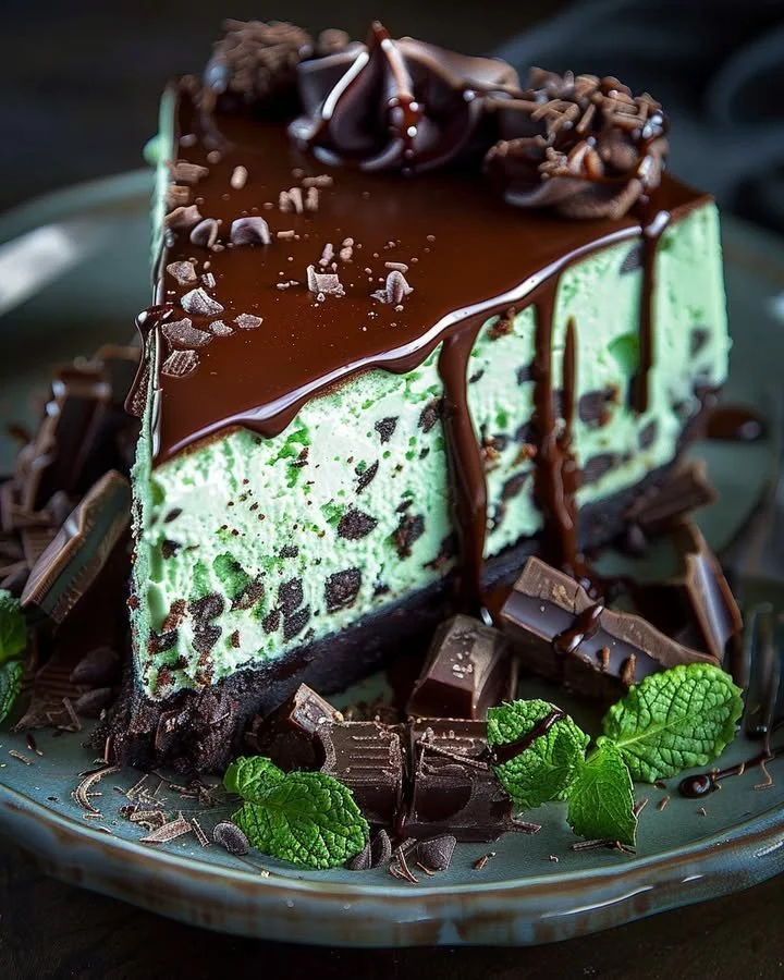 Fresh mint chocolate cheesecake topped with mint leaves and chocolate drizzle