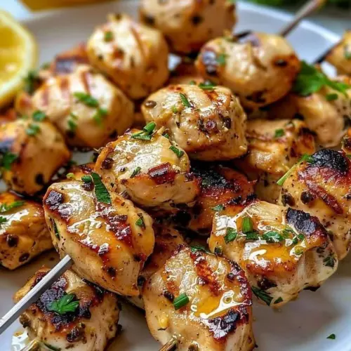 Garlic Parmesan Chicken Kebabs grilled to perfection with savory herbs.