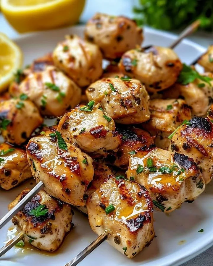 Garlic Parmesan Chicken Kebabs grilled to perfection with savory herbs.