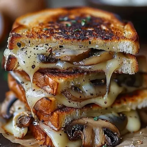 Grilled cheese sandwich with melted Gouda cheese and sautéed mushrooms