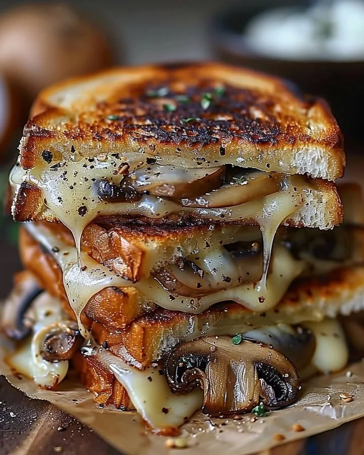 Grilled cheese sandwich with melted Gouda cheese and sautéed mushrooms