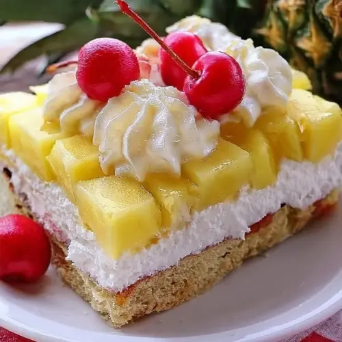 Heavenly Pineapple Cake topped with fresh fruit and whipped cream