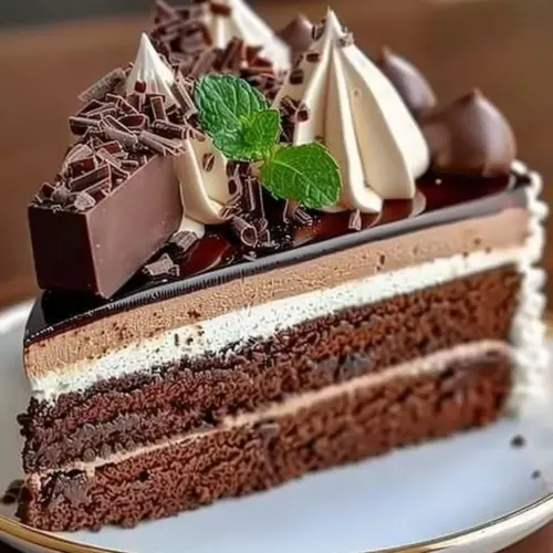 Indulgent triple chocolate mousse cake topped with chocolate shavings