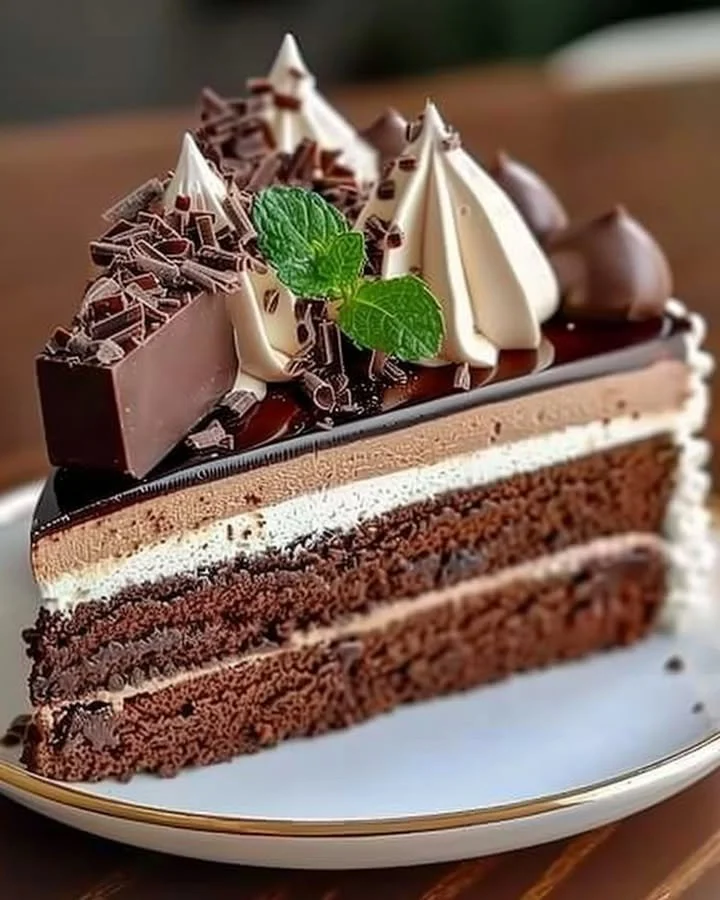 Indulgent triple chocolate mousse cake topped with chocolate shavings