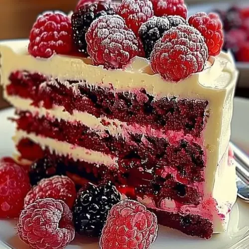 A slice of white chocolate raspberry cake topped with fresh raspberries and chocolate shavings.
