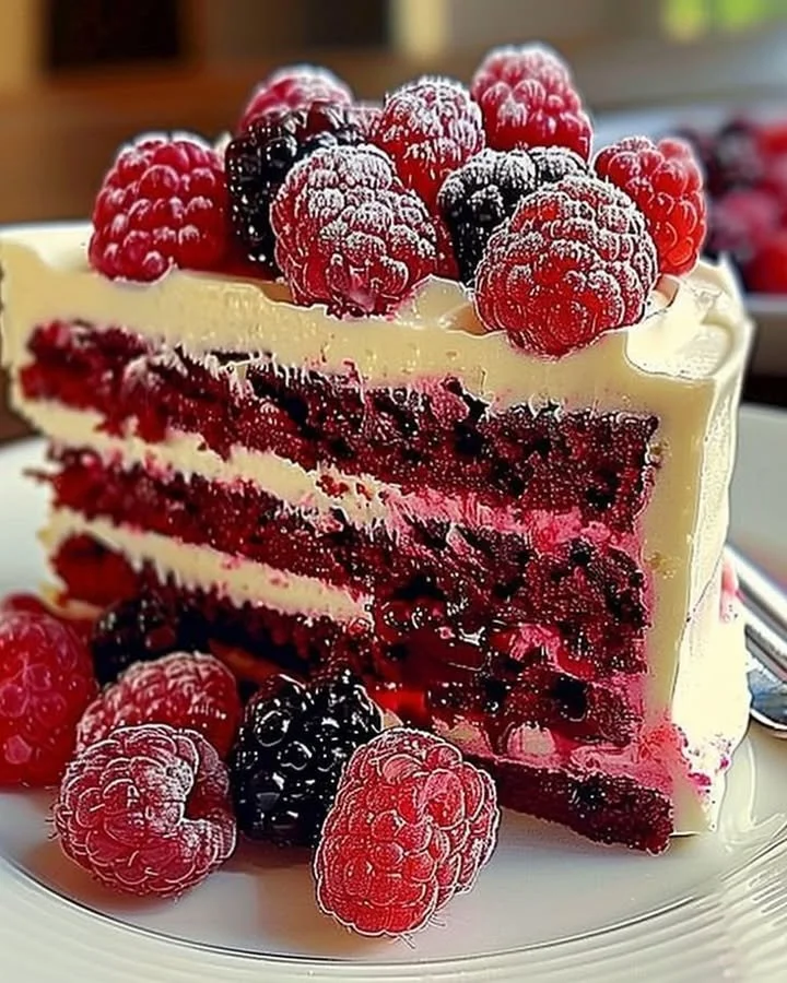 A slice of white chocolate raspberry cake topped with fresh raspberries and chocolate shavings.