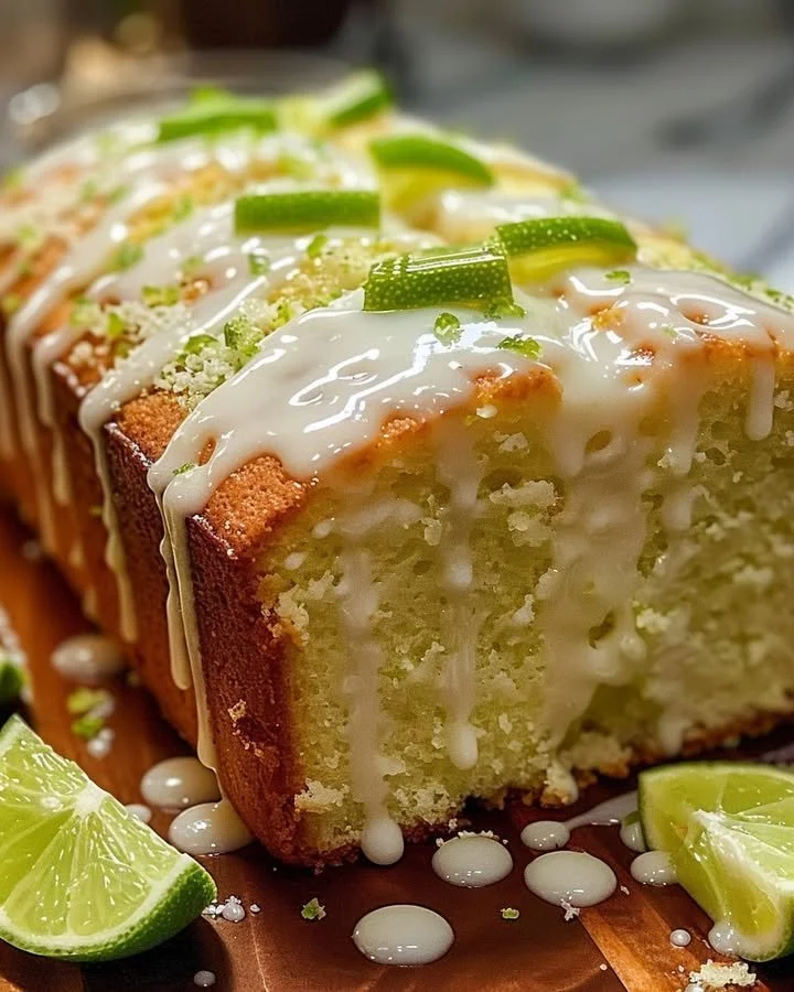 Moist Key Lime Pound Cake with Glaze served on a white plate