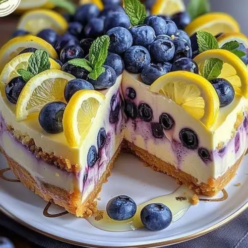 A slice of Lemon Blueberry Cheesecake topped with fresh blueberries and lemon zest.