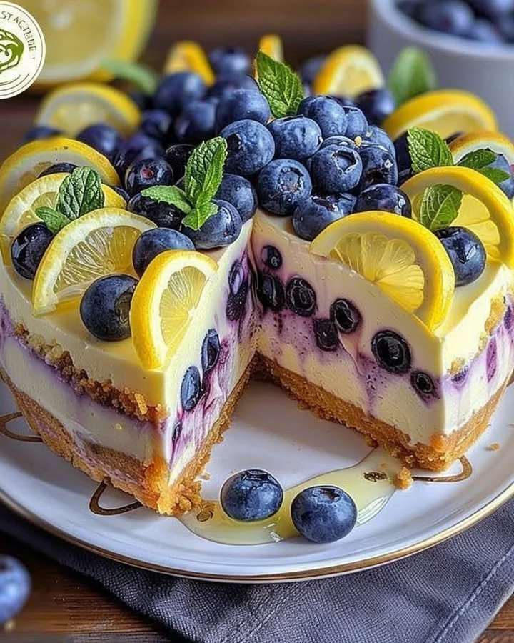 A slice of Lemon Blueberry Cheesecake topped with fresh blueberries and lemon zest.