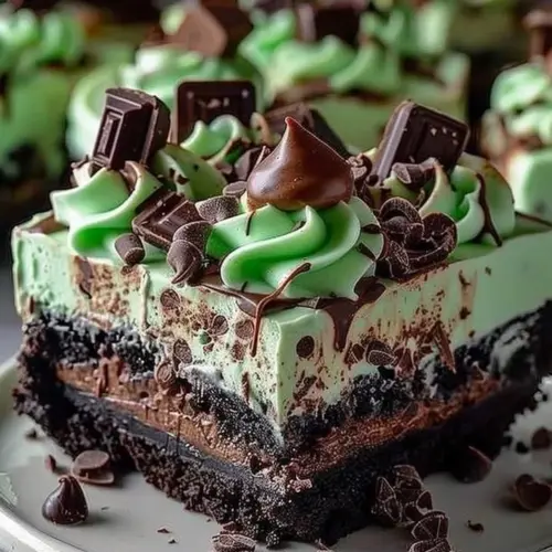Mint Chocolate Cheesecake Fudge Cake with chocolate drizzle and mint garnish