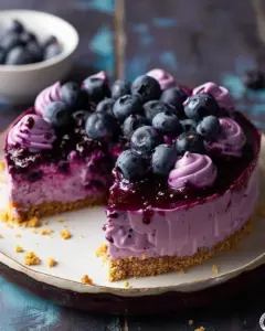 No bake blueberry cheesecake topped with fresh blueberries