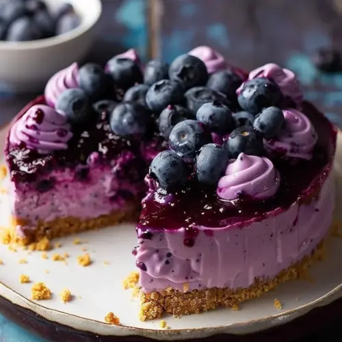 No bake blueberry cheesecake topped with fresh blueberries