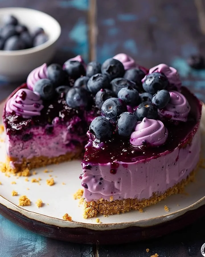 No bake blueberry cheesecake topped with fresh blueberries