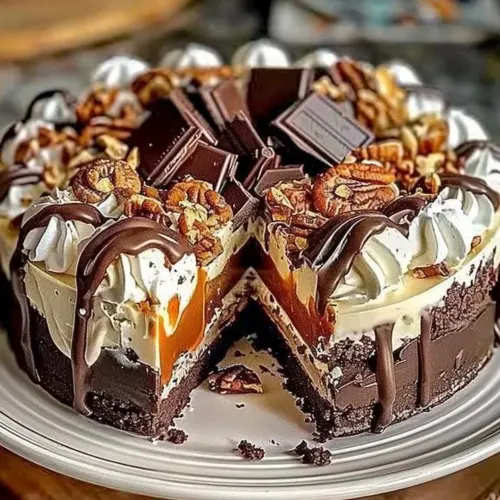 No-Bake German Chocolate Cheesecake topped with coconut and pecans