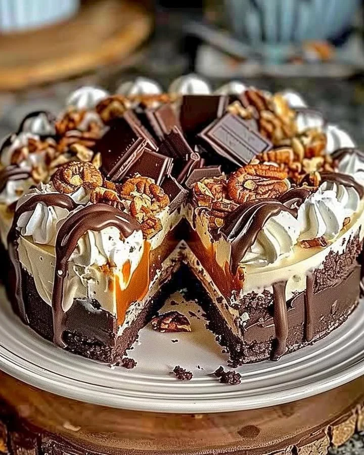 No-Bake German Chocolate Cheesecake topped with coconut and pecans