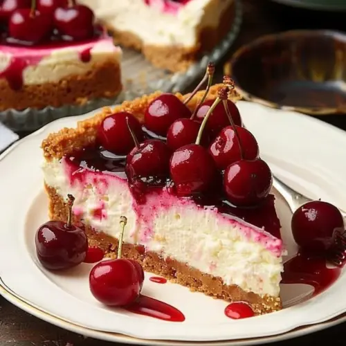 Delicious Philadelphia Style Cherry Cheesecake topped with fresh cherries.