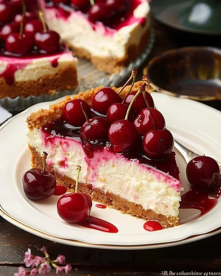 Delicious Philadelphia Style Cherry Cheesecake topped with fresh cherries.
